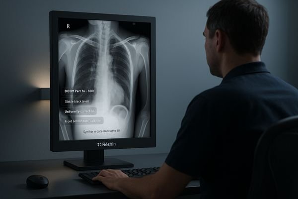 A radiologist reviewing a medical scan on a DICOM Part 14 compliant diagnostic monitor.