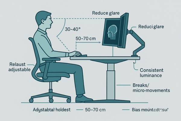 An illustration of a radiologist at an ergonomically correct workstation, showing proper posture, viewing distance, and screen height.