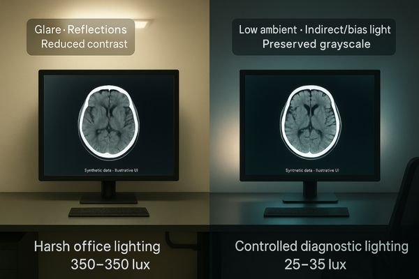 A split image showing a monitor under harsh office lighting vs. one in a properly controlled, dimly lit environment.