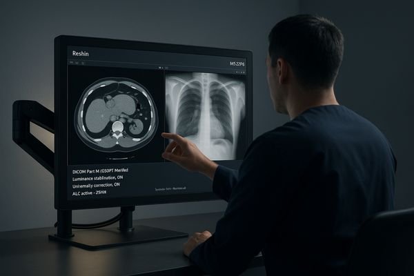 A radiologist reviewing medical images on a properly calibrated DICOM monitor in a PACS setup.