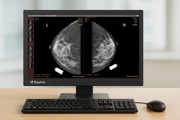 Mammography image displayed on a Reshin medical-grade monitor with keyboard and mouse on a light wooden desk, showing left and right breast views in a bright clinical reading environment