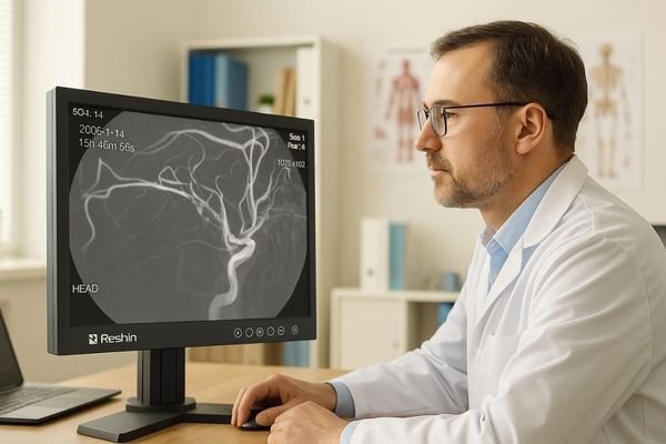 Radiologist analyzing angiography images on a Reshin medical-grade diagnostic monitor in a bright clinical office