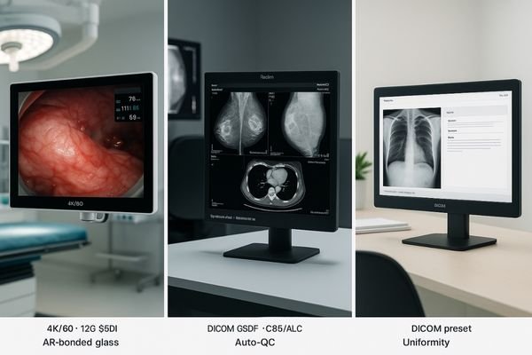 A collage of different Reshin medical monitors being used in an OR, a radiology reading room, and a clinic.