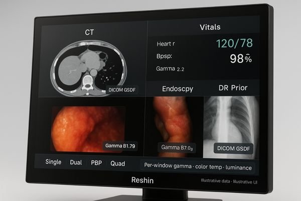 A screen image of a monitor in a four-way split view, with each window showing a different source and labeled with its own gamma/DICOM setting.