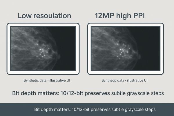 A side-by-side comparison of a micro-calcification on a low-resolution vs a high-resolution 12MP mammography display.