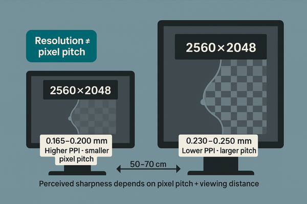 An infographic comparing two monitors of the same resolution but different sizes, illustrating the concept of pixel pitch.