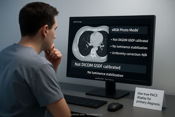 A radiologist looking at a high-end office monitor with a look of uncertainty.