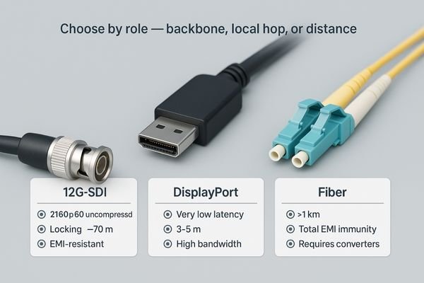 A side-by-side comparison of 12G-SDI, DisplayPort, and Fiber optic connectors.