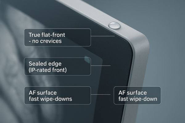 A close-up shot of the sealed, crevice-free bezel of a surgical monitor, highlighting its cleanability.