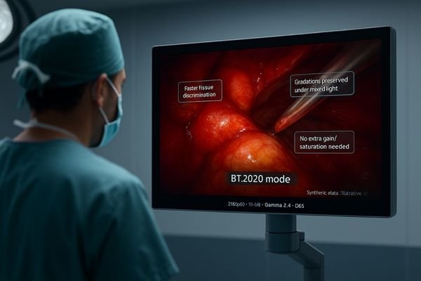 A surgeon looking at a BT.2020 monitor showing clear differentiation between healthy and abnormal tissue.