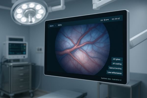 A surgical monitor with AR/AF coating showing a clear image under bright operating room lights.