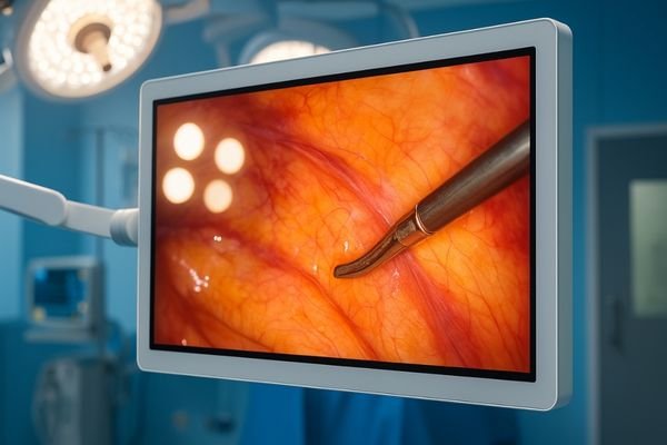 Surgical monitor with anti-reflection glass showing clear laparoscopic tissue image under bright operating room lights.