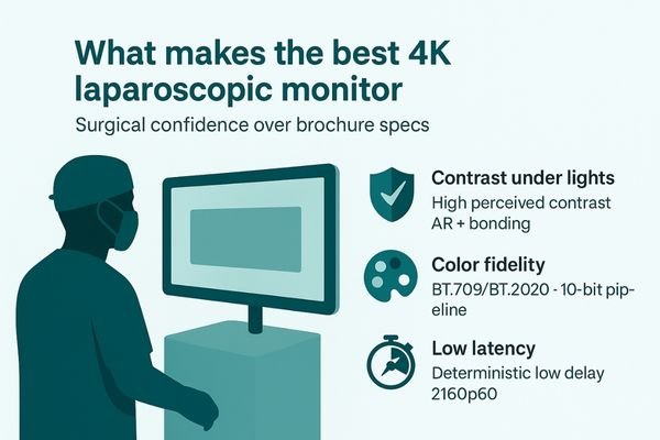A conceptual image showing a surgeon's confident view, with icons for contrast, color accuracy, and low latency.