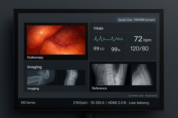 A 4K monitor displaying a quad-view layout with endoscopy, vitals, PACS, and patient info.