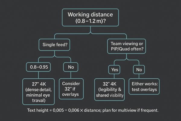 A decision tree flowchart guiding the choice between a 27-inch and 32-inch monitor.