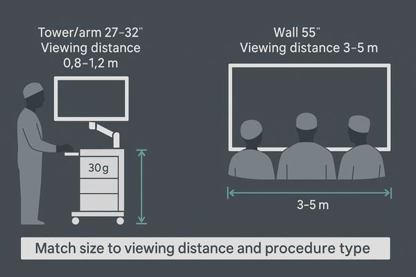 An illustration showing optimal viewing distances for different monitor sizes in an OR.