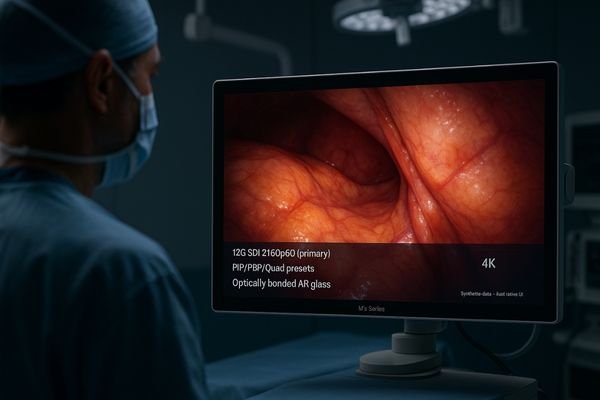 A surgeon performing a procedure, with the focus on the clear, accurate image on the surgical monitor.