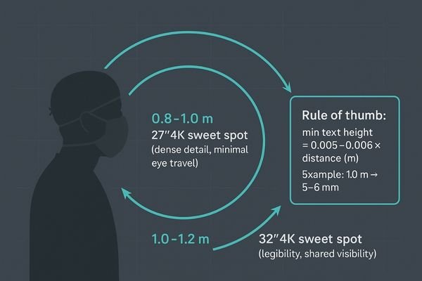 An infographic showing the optimal viewing zones for 27-inch and 32-inch monitors.