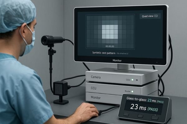 A technician using equipment to measure end-to-end latency in a surgical video chain.