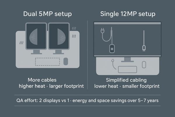 A diagram illustrating the smaller desk footprint and simplified cabling of a single monitor vs. a dual monitor setup.