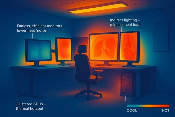 A thermal image of a reading room, showing hotspots around inefficient monitors and workstations.