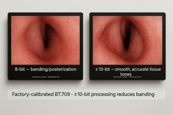 A split-screen image comparing an 8-bit display with color banding to a ≥10-bit display showing smooth, accurate tissue color.
