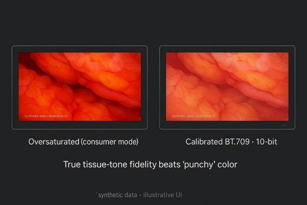 A split-screen image showing an oversaturated surgical view versus a color-accurate, calibrated view of the same anatomy.