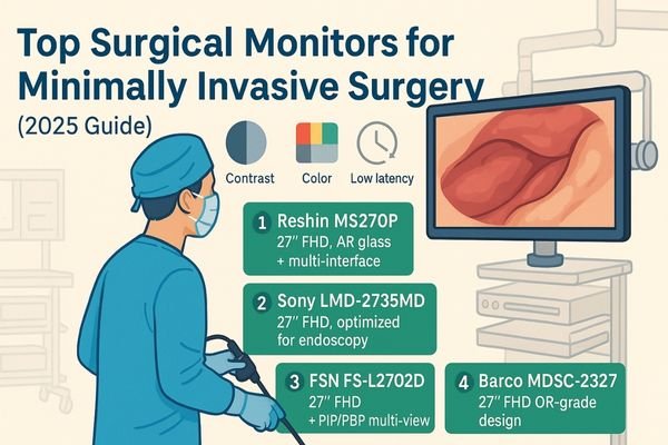 Surgeon performing minimally invasive surgery while viewing a 27-inch FHD surgical monitor with AR glass, low latency, and accurate tissue color.