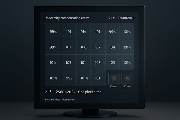 An image showing a grid overlay on a 5MP monitor, with brightness values in each quadrant being nearly identical.
