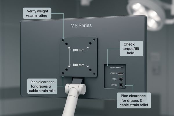 The back of a surgical monitor showing its VESA 100x100mm mounting holes and I/O panel.