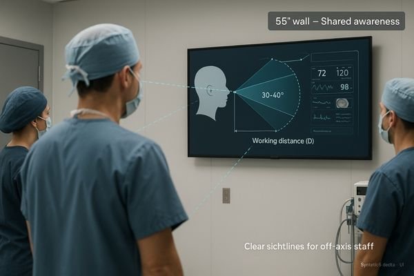 A 55-inch monitor wall-mounted in a hybrid OR, positioned for team viewing with a slight downward tilt.