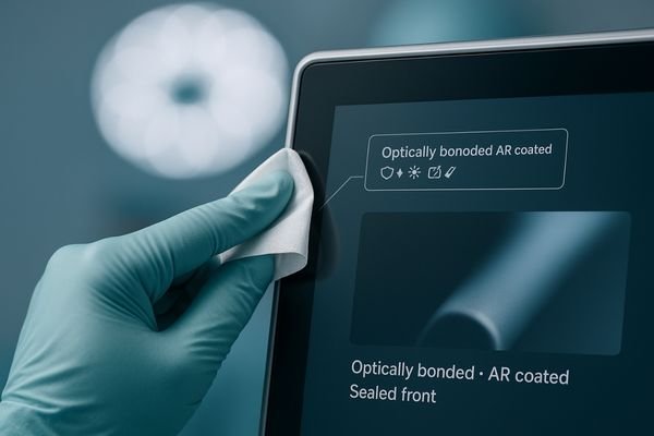 A close-up of a surgical display showing its seamless, bonded glass front being wiped clean.
