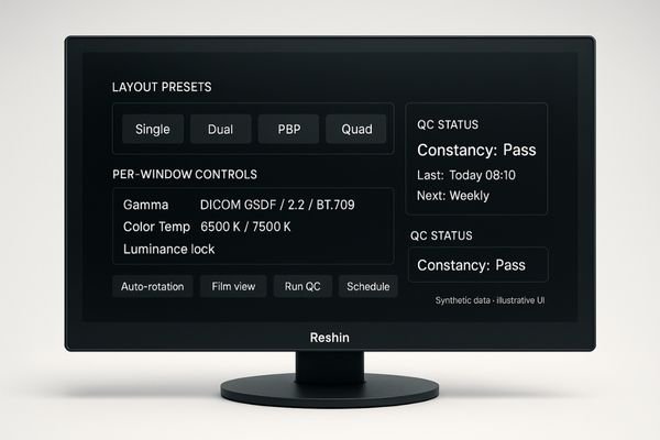 A screenshot of a monitor's on-screen display (OSD) menu, showing easy-to-access workflow tools like Multiview layouts and built-in QC tests.