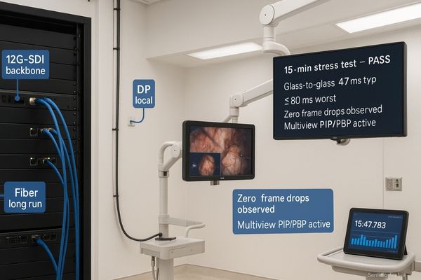 Hybrid OR video setup showing 12G-SDI backbone, DP local link, fiber long run, and 4K/60 monitors; stress-test overlay confirms ≤50 ms glass-to-glass and zero frame drops
