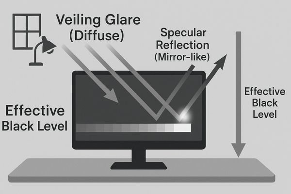 A diagram illustrating how ambient light creates veiling glare and specular reflections on a monitor screen, effectively 