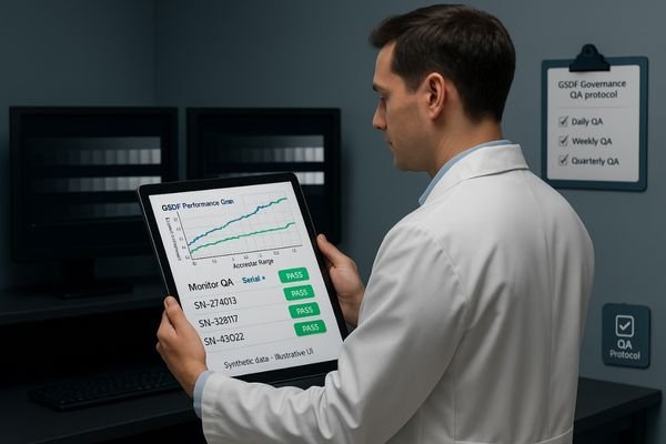An image of a clinical engineer reviewing a QA report on a tablet. The report shows a graph of a monitor's GSDF performance over the last 12 months, with all points within the acceptable green zone.