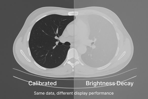 An image showing a split-screen effect, with one side displaying a bright, clear medical image and the other side showing the same image as dim and washed-out due to brightness decay.