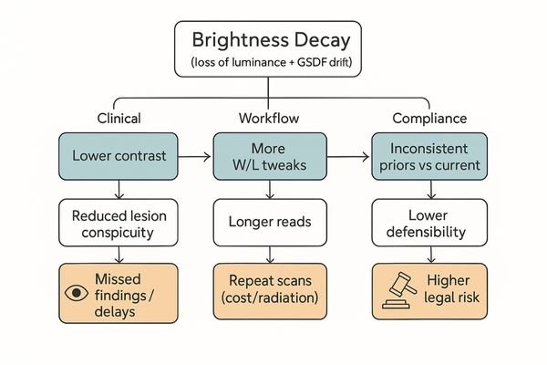A flowchart demonstrating how brightness decay leads to missed findings, increased operational costs, and higher legal risks.