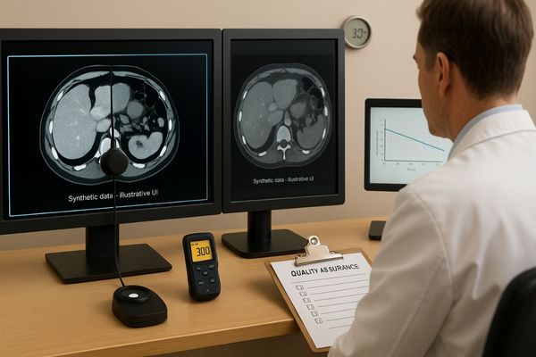 Radiologist in a bright reading room compares two CT monitors—one crisp, one dim from brightness decay—with a colorimeter, lux meter, and QA checklist in view