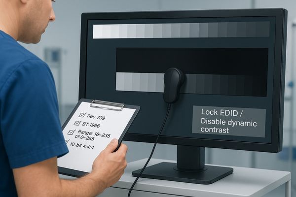 An image of a technician using a calibration tool and test patterns (like a PLUGE and grayscale step chart) on a surgical display, with a checklist nearby confirming the settings.