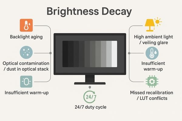 An infographic illustrating the various causes of brightness decay, including an aging backlight, high ambient light, and software conflicts.