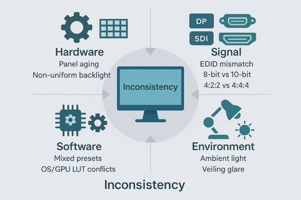 An infographic showing the three categories of causes: Hardware (panel aging), Software (driver conflicts), and Environment (ambient light).