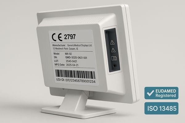 An image of a medical monitor with a prominent, official CE marking and a UDI barcode sticker, symbolizing compliance and traceability.