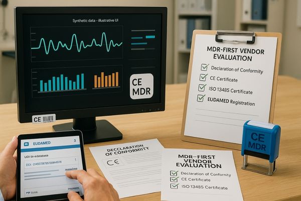 Procurement scene with a clinical monitor showing CE mark and UDI barcode; DoC, ISO 13485, and EUDAMED checklist emphasize MDR compliance and traceability