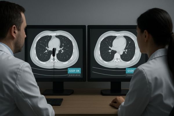 An illustration showing two radiologists confidently agreeing on a finding by comparing images on two perfectly matched, DICOM-compliant displays.