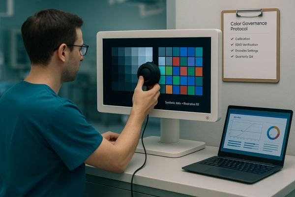 An image of a clinical engineer using a colorimeter to calibrate a surgical display, with a checklist for color governance visible in the background.