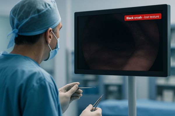 An image simulating a surgeon's view. The image is too dark, with crushed blacks, and the surgeon is shown hesitating, unable to clearly distinguish the tissue boundaries required for the next step.