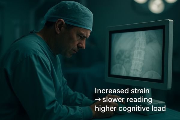 An image simulating a surgeon's view. The surgeon is leaning closer to a slightly dim screen, squinting, which conveys a sense of strain and difficulty in interpreting the image.