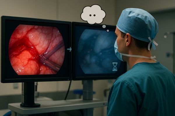 A depiction of a stressed surgeon in an operating room, looking back and forth between two inconsistent monitors, highlighting the cognitive load and potential for error.