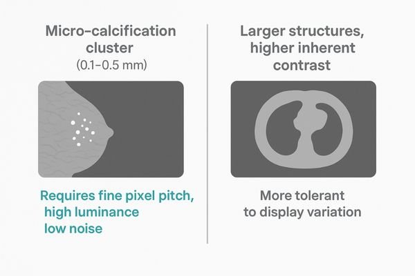 A diagram illustrating the difference in scale, showing a tiny micro-calcification cluster next to a much larger anatomical structure from a CT scan.